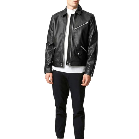 • mens black biker jacket lambskin chest pocket detail
