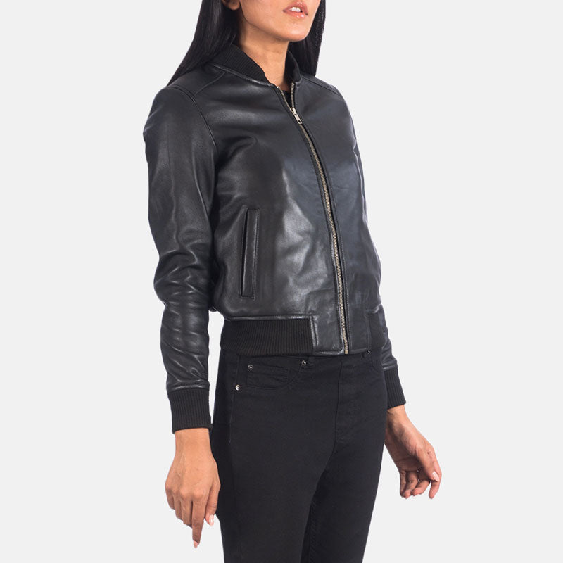 women's black leather bomber jacket maren back view
