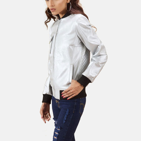 women's silver leather bomber jacket margot back view