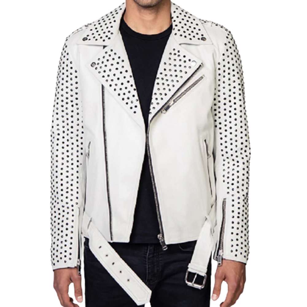 Mens Silver Studded Cowhide White Biker Leather Jacket Belt - AMSEL LEATHERS