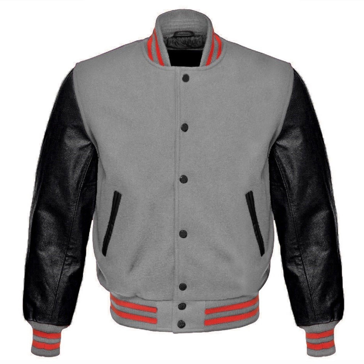 Men's Gray Wool Varsity Bomber Leather Jacket - AMSEL LEATHERS