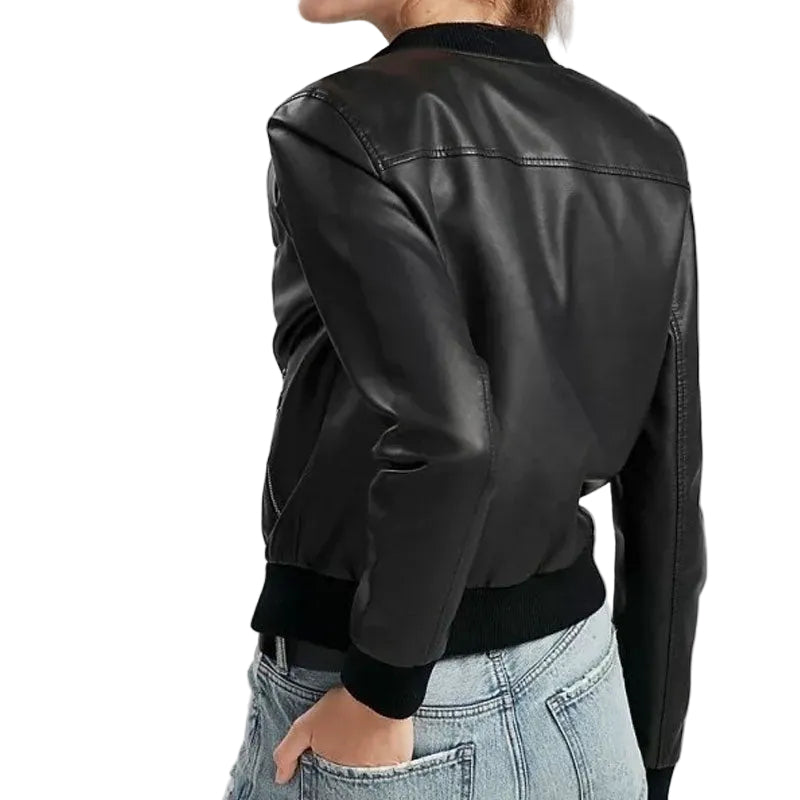 women's black lambskin leather bomber jacket vivienne back view