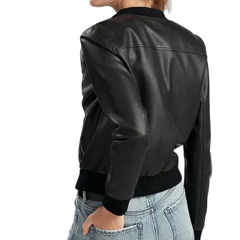 women's black lambskin leather bomber jacket vivienne back view