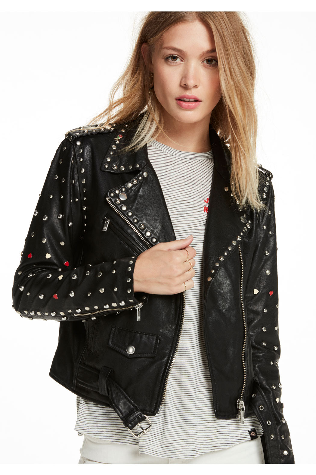• black studded leather motorcycle jacket womens front view
