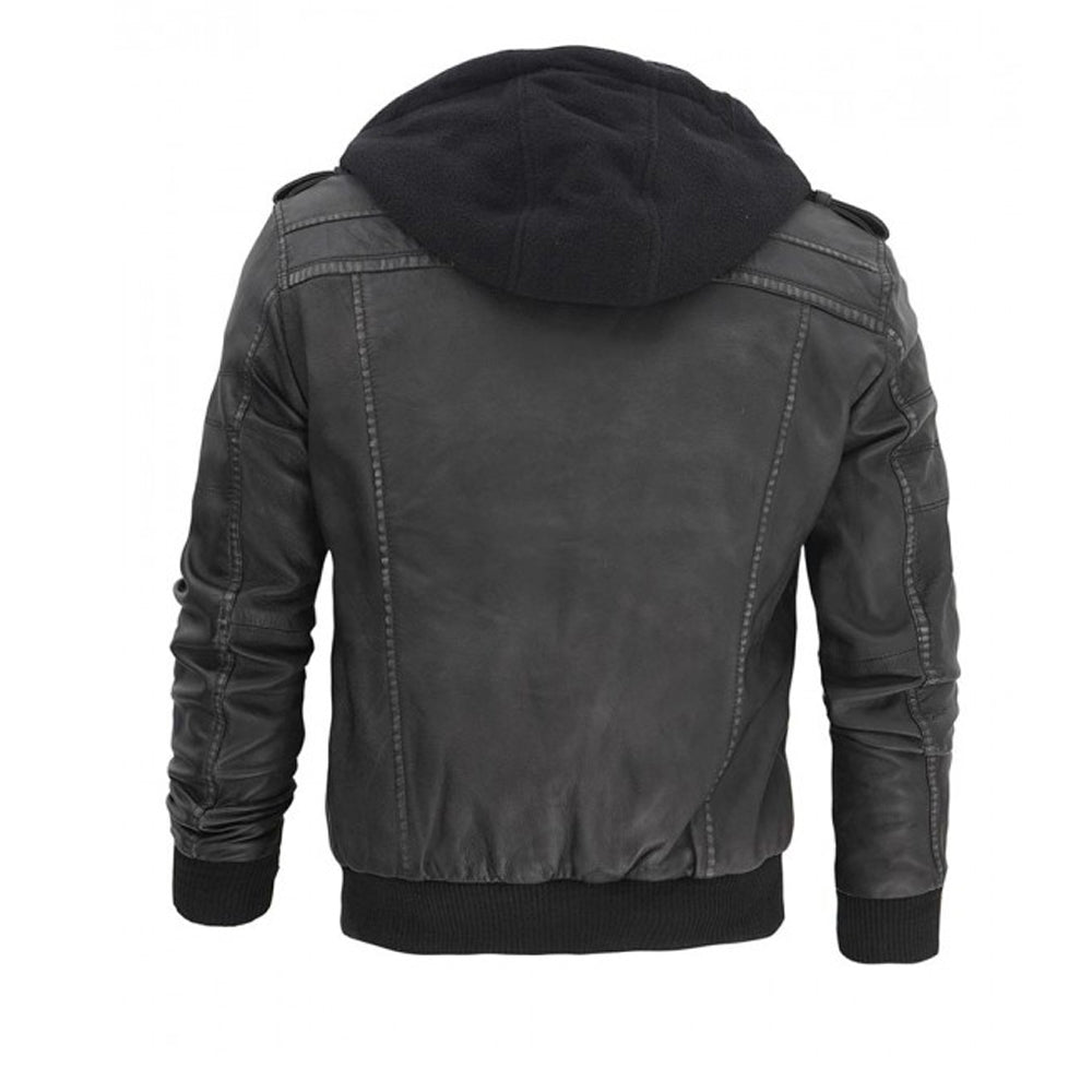 Grey Hooded Bomber Mens Leather Jacket - AMSEL LEATHERS