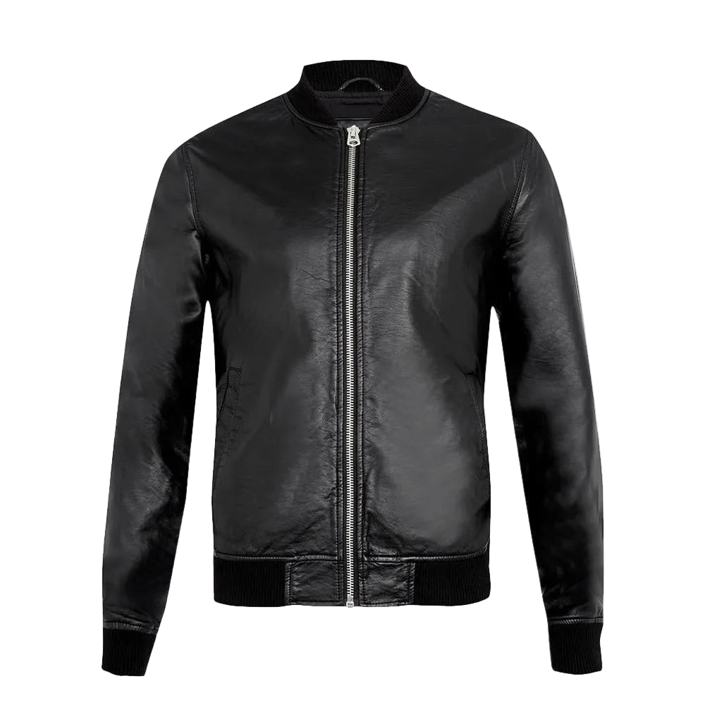men's black lambskin leather bomber jacket adler side angle