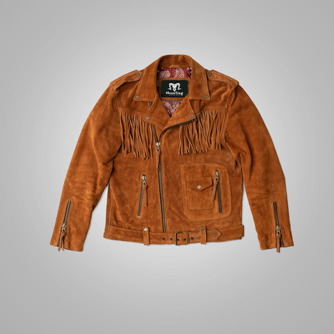 men's brown fringe suede leather jacket armand front view
