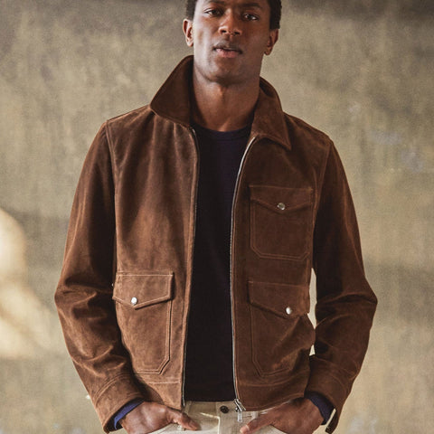 men's brown suede leather jacket henrik detail close up