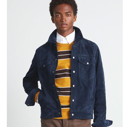 men's blue leather shirt marlow front view