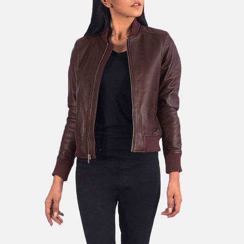women's maroon leather bomber jacket selene back view