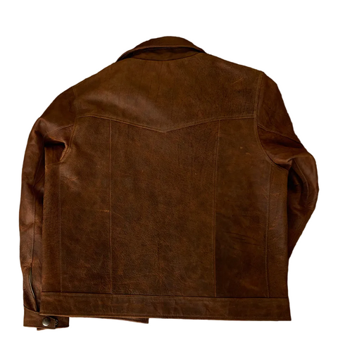 men's brown distressed lambskin leather trucker jacket alaric side angle