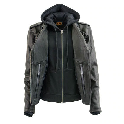 women’s black cowhide leather biker jacket side angle
