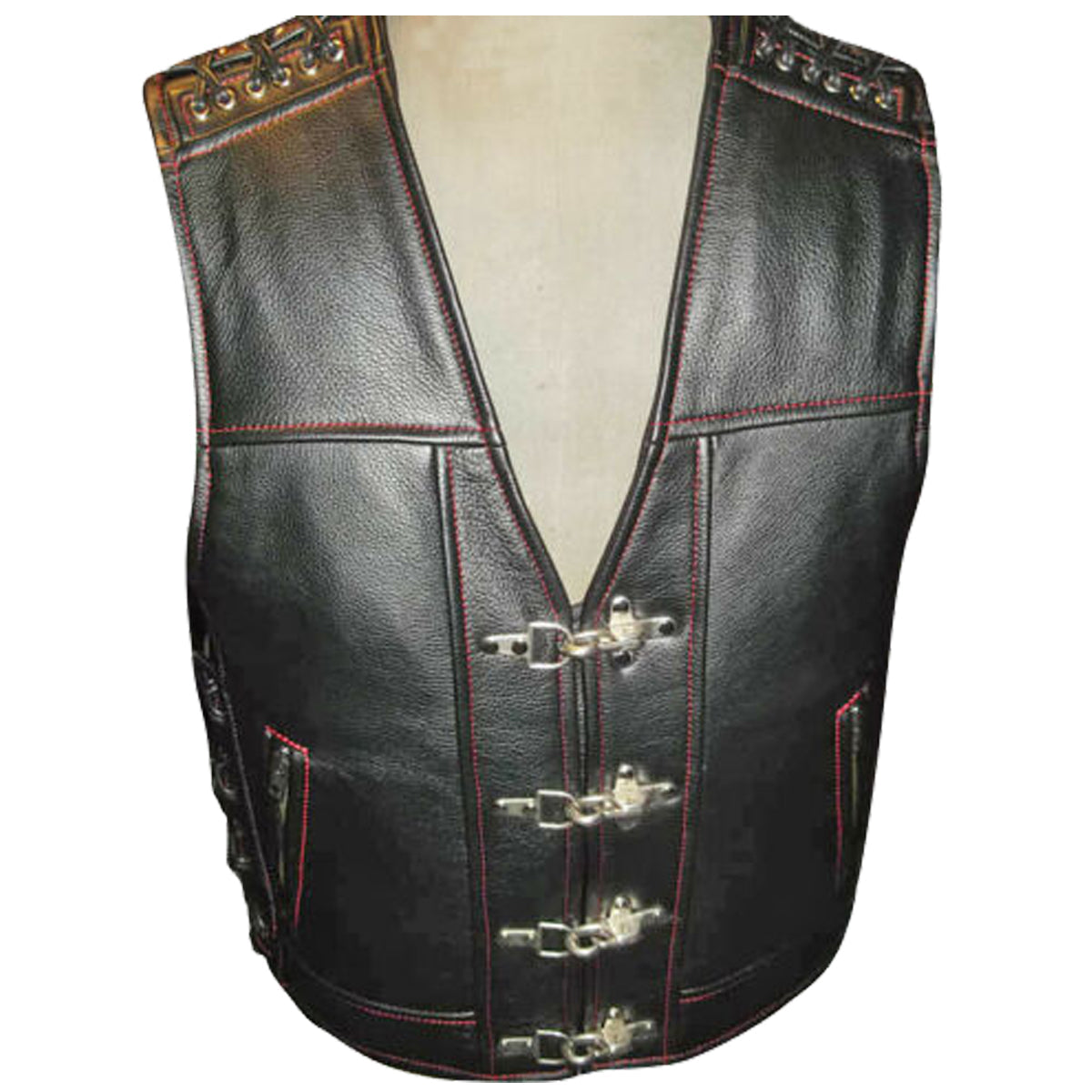 Men Motorcycle Leather Vest For Sale Red Thread - AMSEL LEATHERS