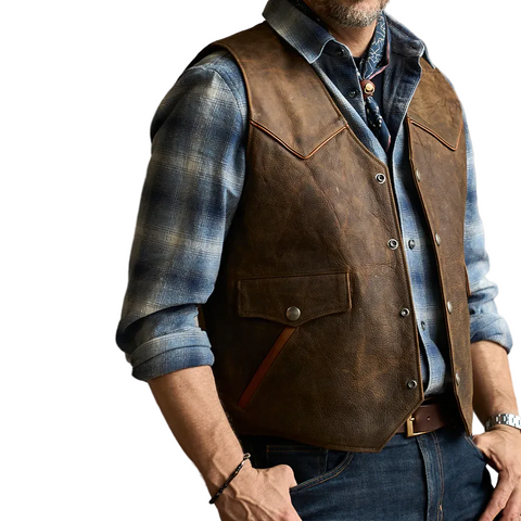 men's brown distressed leather vest marlow side angle