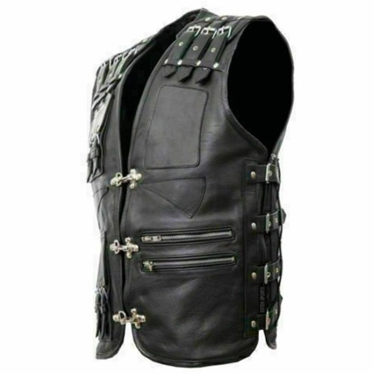 Mens Genuine Leather Heavy Buckled Rocker Biker Vest - AMSEL LEATHERS