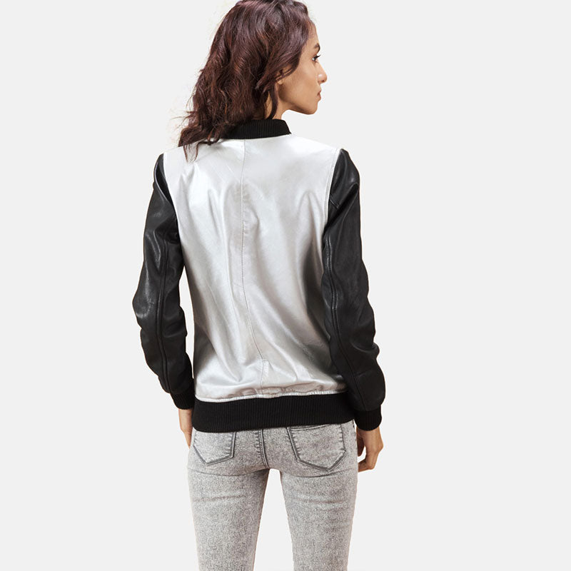 women's silver leather bomber jacket aurelia back view