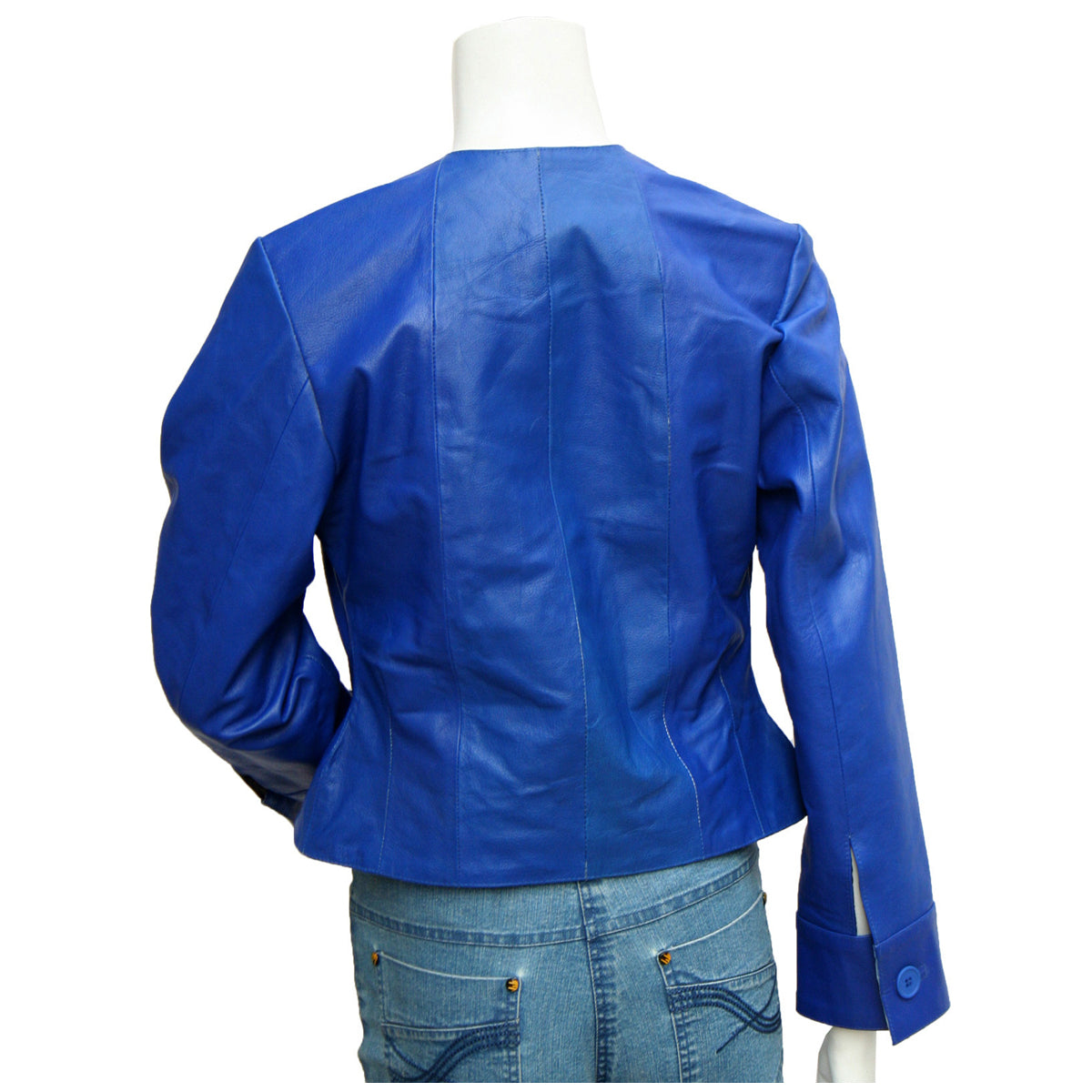 Women's Blue Leather Collarless Jacket - AMSEL LEATHERS