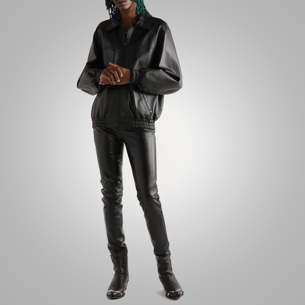 men's black sheepskin leather pants valen side angle