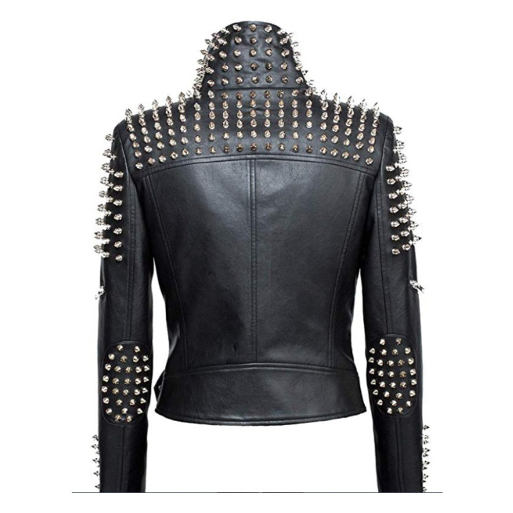 Women Slim Fit Studded Brando Leather Jacket - AMSEL LEATHERS