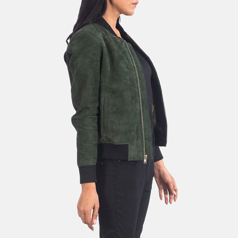 women's green suede leather jacket isolde back view