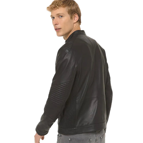 • lambskin racer jacket stand collar detail
