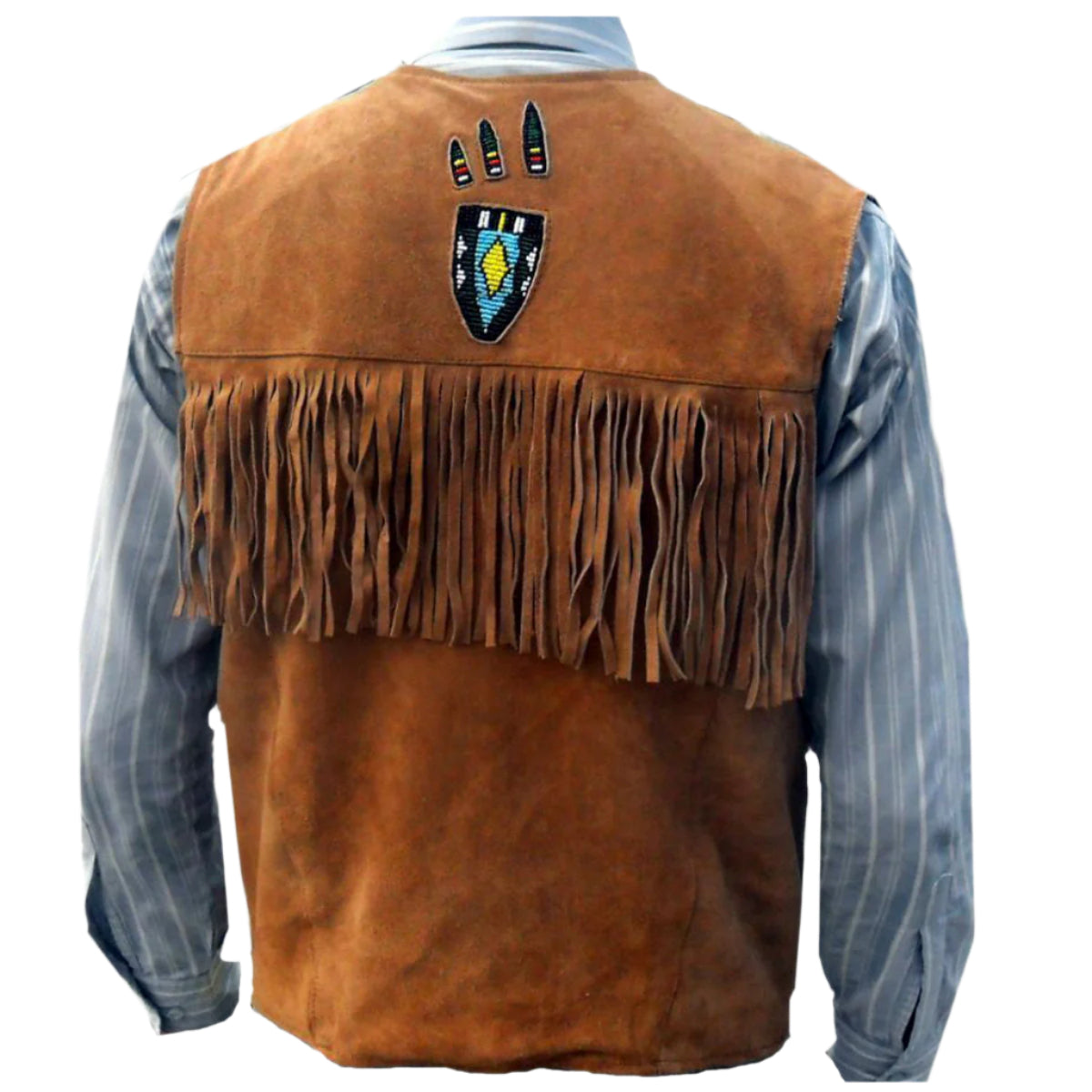 Men Western Brown Suede Leather Vest Fringes Beads Bones - AMSEL LEATHERS