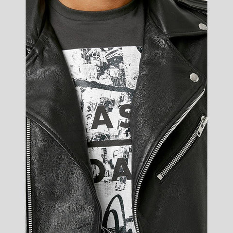 • lambskin biker jacket chest pocket detail
