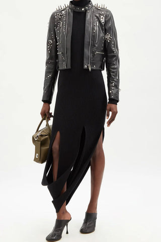 women's black studded leather leather coat elara front view
