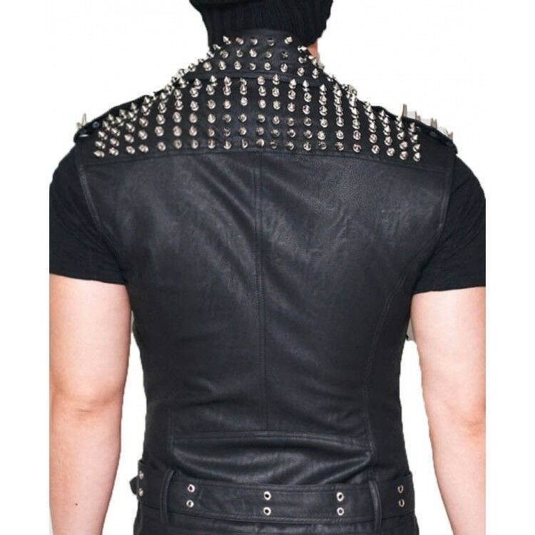 Men's Black Biker Real Leather Silver Spike Punk Vest - AMSEL LEATHERS