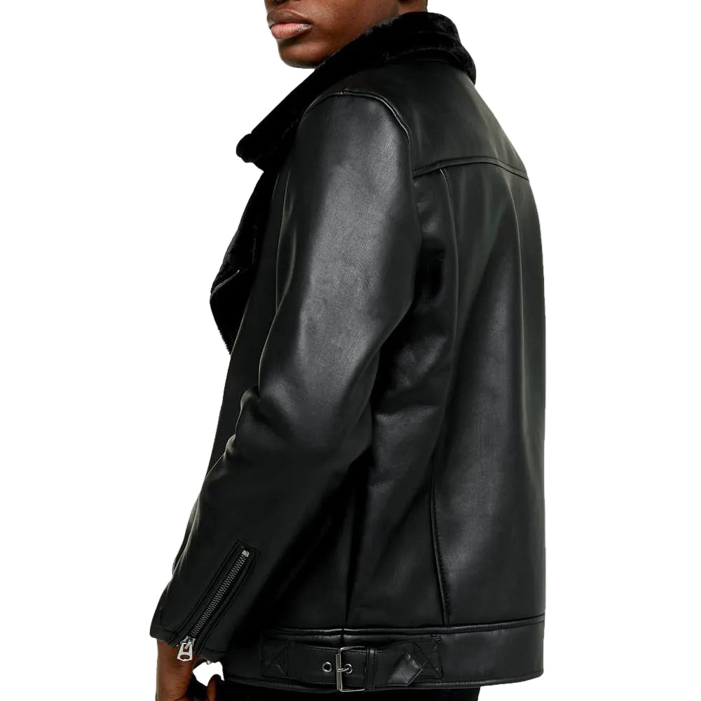 • mens black leather jacket fur collar detail

