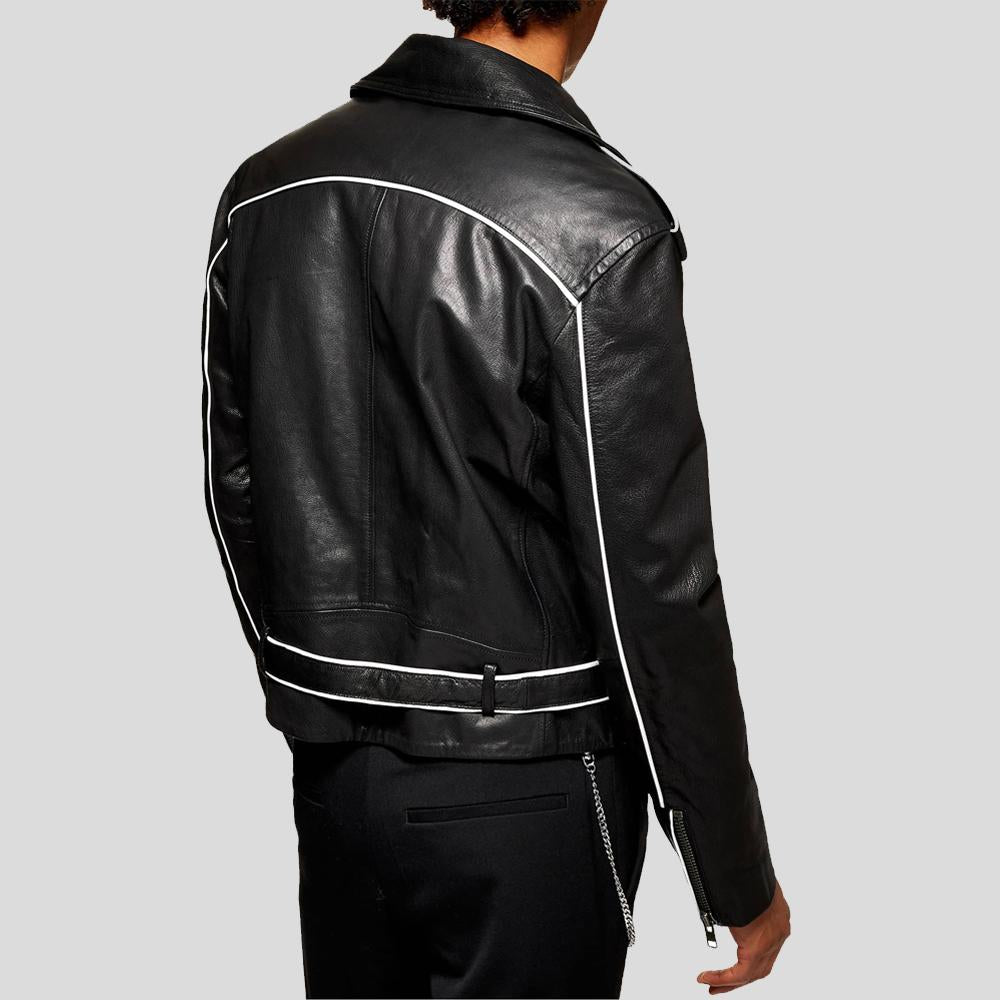 men's black lambskin leather bomber jacket varek side angle