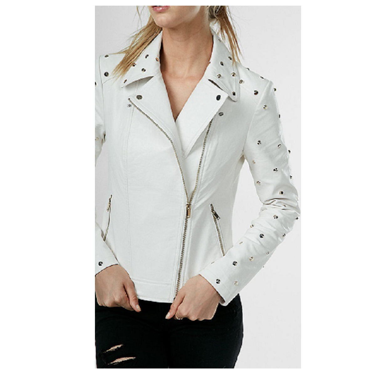 Ladies White Leather Gold Studded Party Jacket - AMSEL LEATHERS