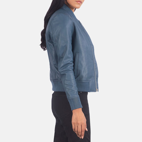 women's blue leather bomber jacket calista back view