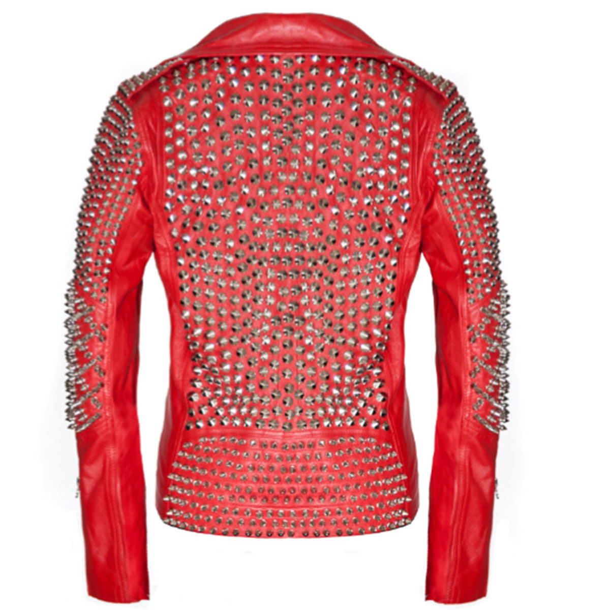 Women Brando Red Leather Studded Biker Jacket - AMSEL LEATHERS