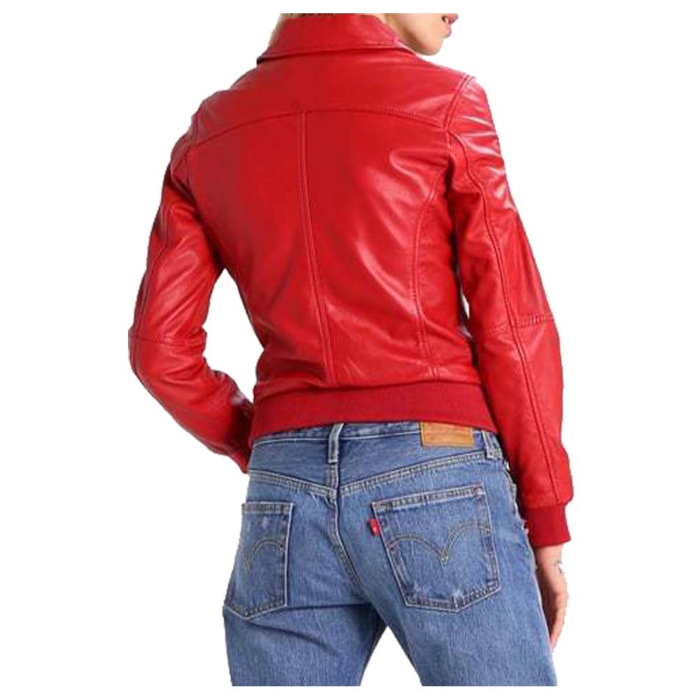 WOMEN RED BOMBER MOTORCYCLE LAMBSKIN SLIM FIT JACKET - AMSEL LEATHERS