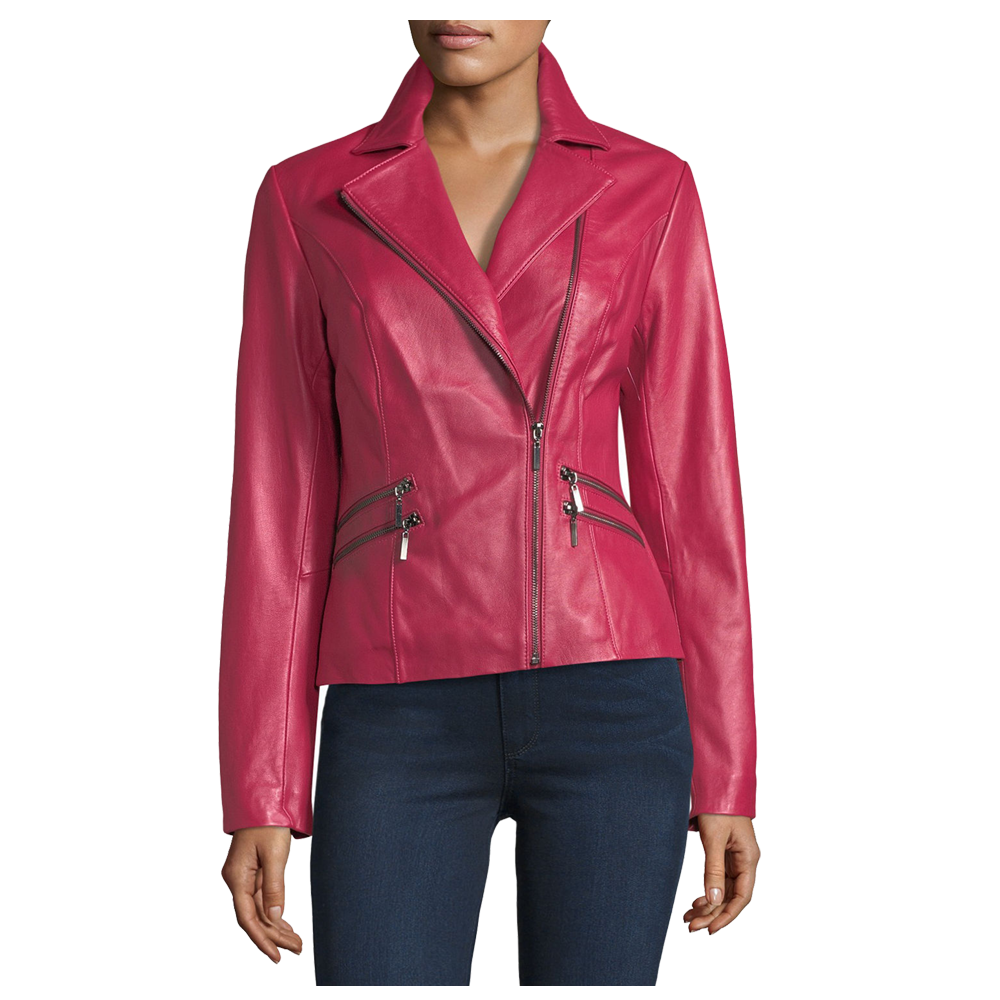 Pink Lambskin Women Biker Leather Jacket - AMSEL LEATHERS