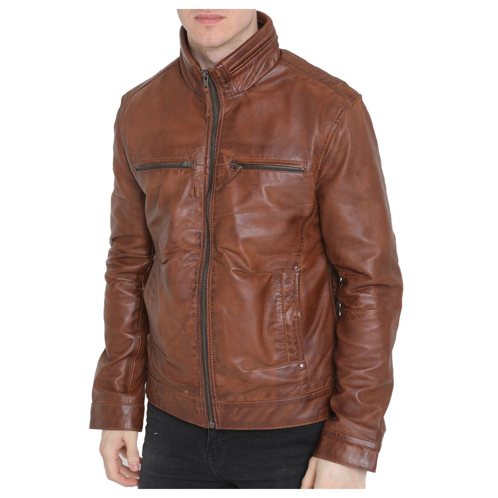 Men Brown Genuine Sheepskin Leather Fashion Jacket - AMSEL LEATHERS