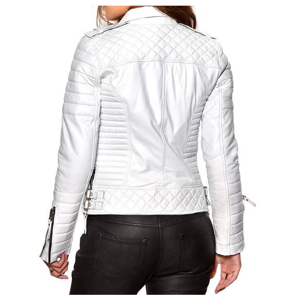 Women Soft Slim Fit Motorcycle Leather Jacket White - AMSEL LEATHERS