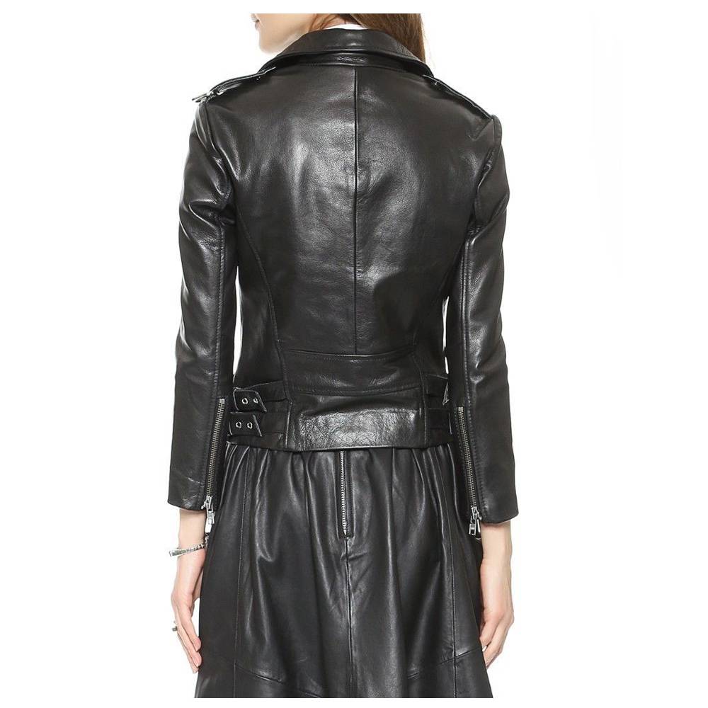 WOMEN GENUINE LAMBSKIN LEATHER BIKER JACKET BLACK ZIPPER BIKER JACKET - AMSEL LEATHERS