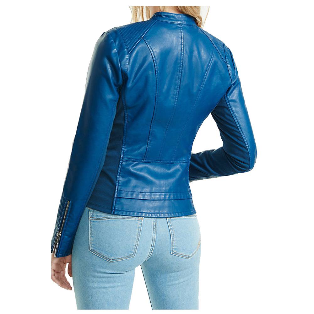 Women Blue Soft Lambskin Motorcycle Racer Leather Jacket - AMSEL LEATHERS