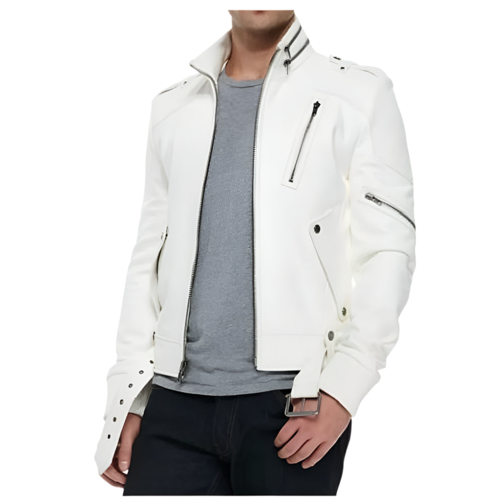 Men's White Leather Racer Moto Biker Jacket – Stylish & Durable - AMSEL LEATHERS