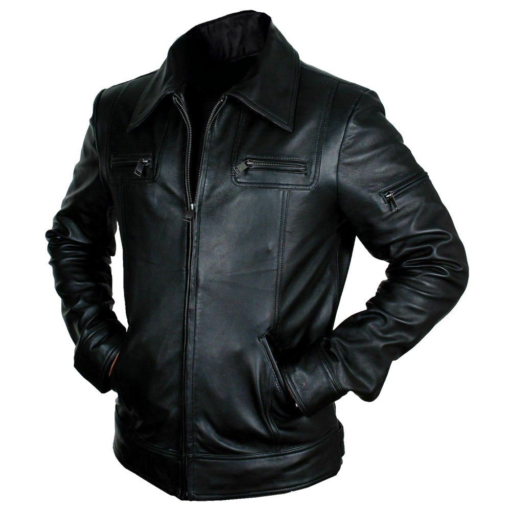 Men Buster Slim Fit Retro Black Leather Jacket - AMSEL LEATHERS