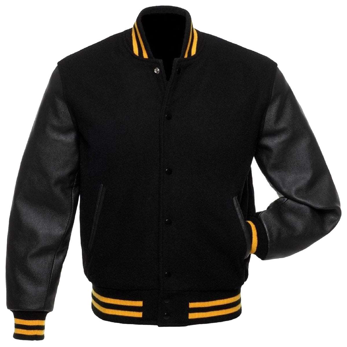 Black Wool Real Leather Sleeves Varsity Jacket - AMSEL LEATHERS