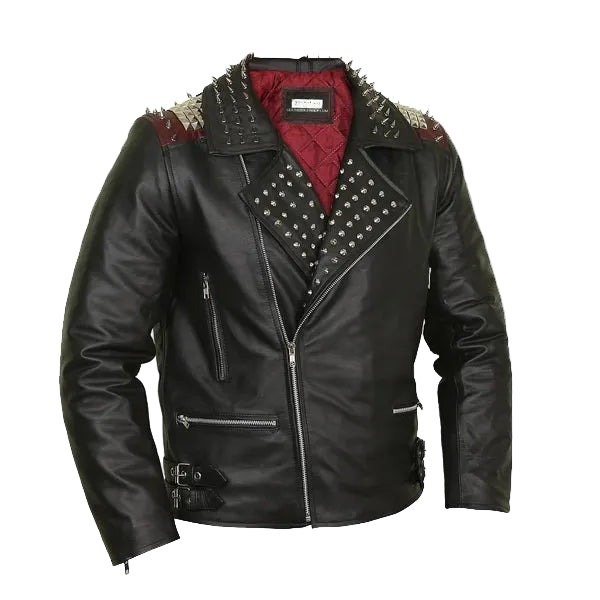 • black studded biker leather jacket front view
