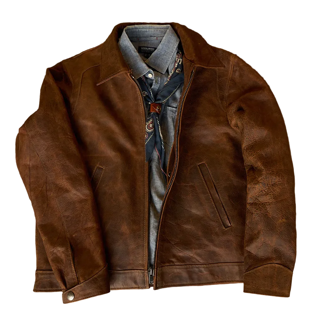 men's brown distressed lambskin leather trucker jacket alaric back view