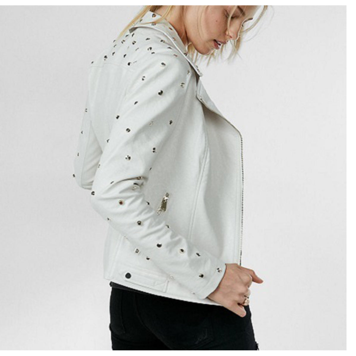 Ladies White Leather Gold Studded Party Jacket - AMSEL LEATHERS