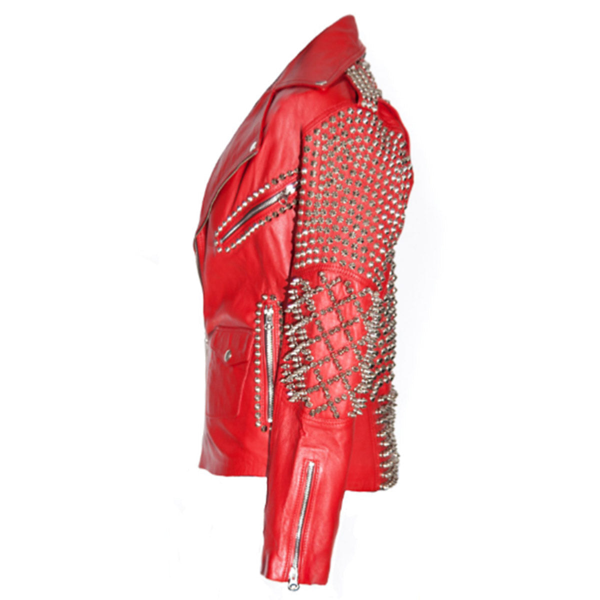 Women Brando Red Leather Studded Biker Jacket - AMSEL LEATHERS