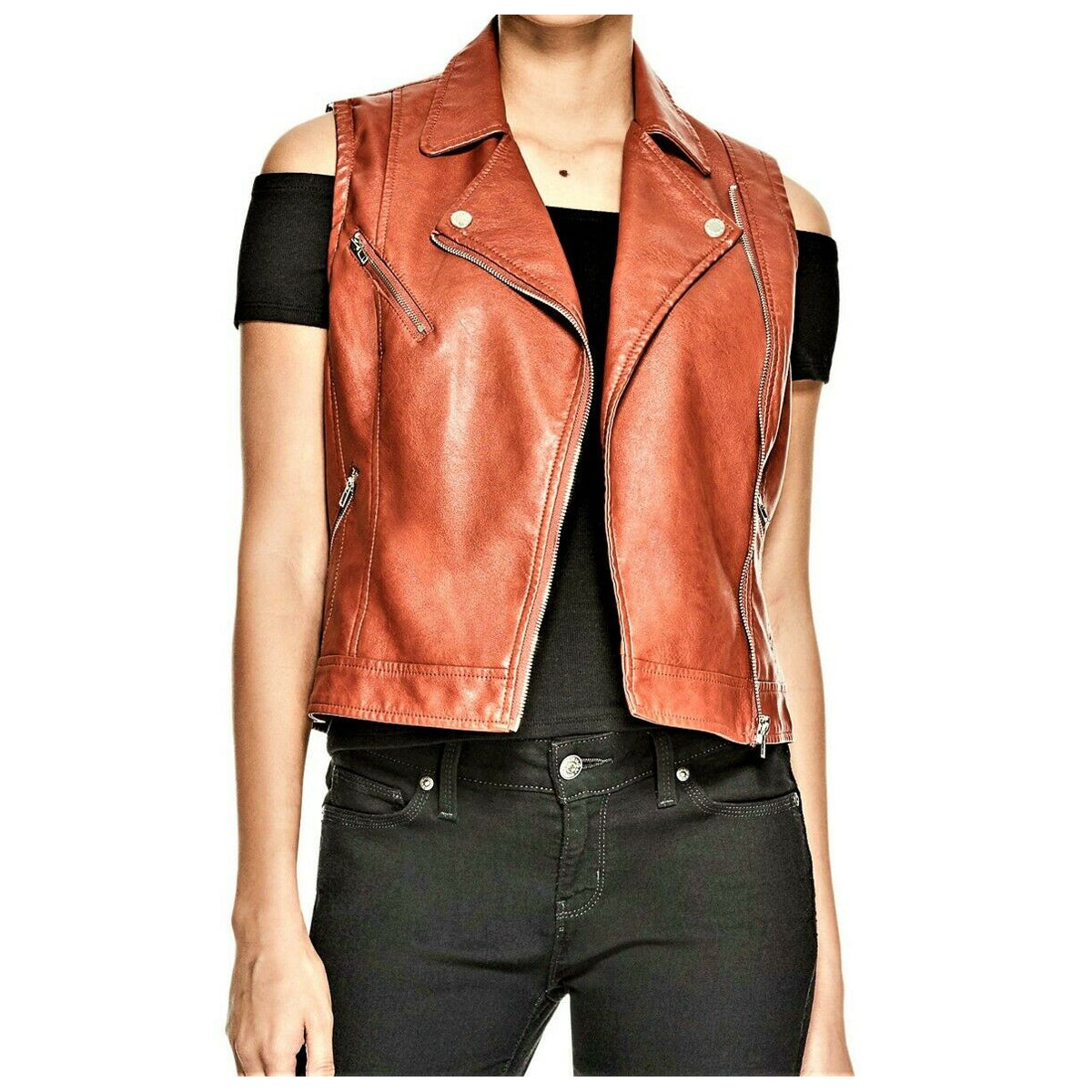 Rust Brown Women Genuine Leather Motorcycle Vest - AMSEL LEATHERS