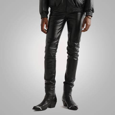 men's black sheepskin leather pants valen back view