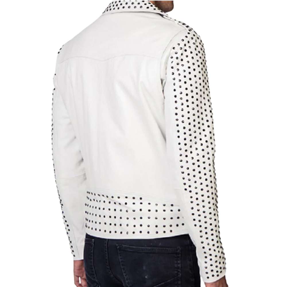 Mens Silver Studded Cowhide White Biker Leather Jacket Belt - AMSEL LEATHERS